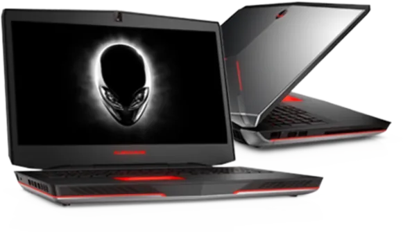 Two Alienware gaming laptops with the alien head logo on screen