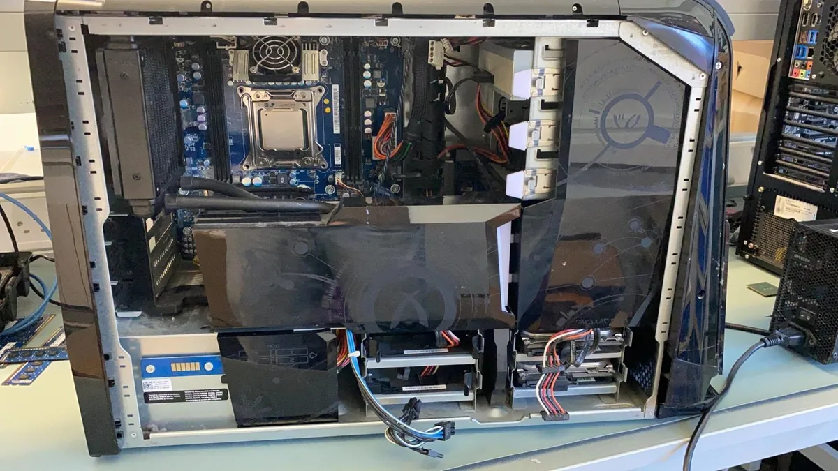 Inside of a desktop tower PC on the repair bench